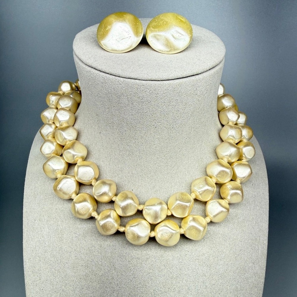 Vintage Double Strand Faux Baroque Pearl Necklace Clip On Earring Set 15" Heavy